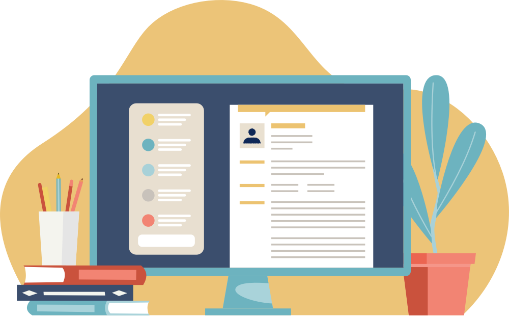 Dessin Dun écran Dordinateur Affichant Un CV Entouré Dune Pile De Livres Dun Pot à Crayons Et Dune Plante