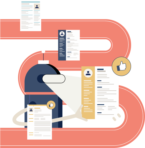 Dessin de robot scannant des CV qui passent sur un tapis roulant